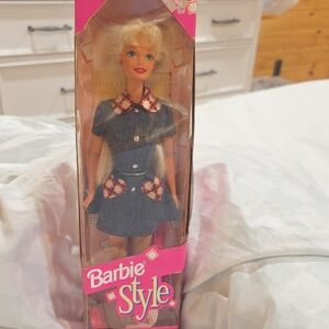 Barbie Style Doll in Denim Dress with Red Accents